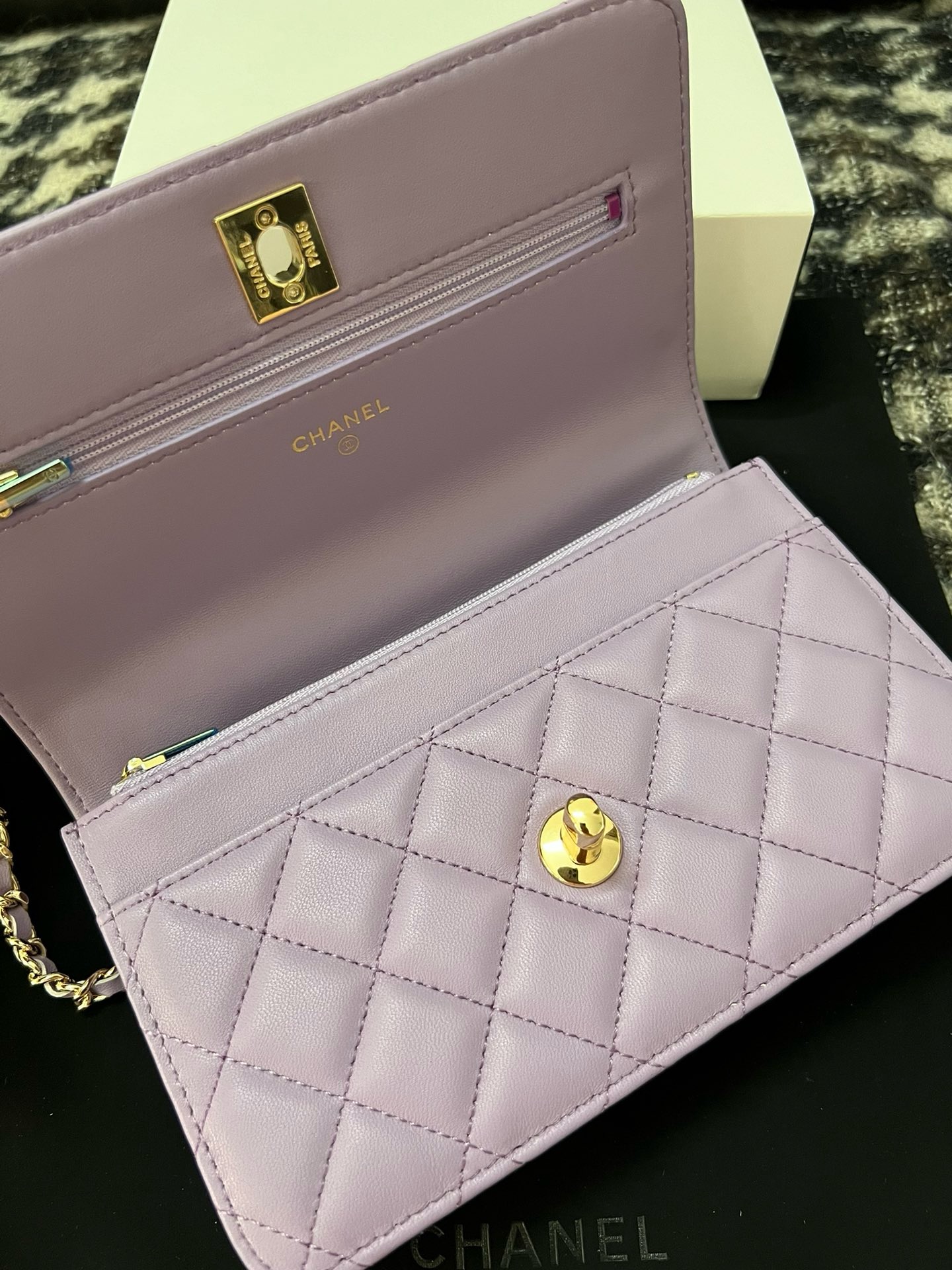 CHANEL FLAP PHONE HOLDER WITH CHAIN AB3566 Light purple