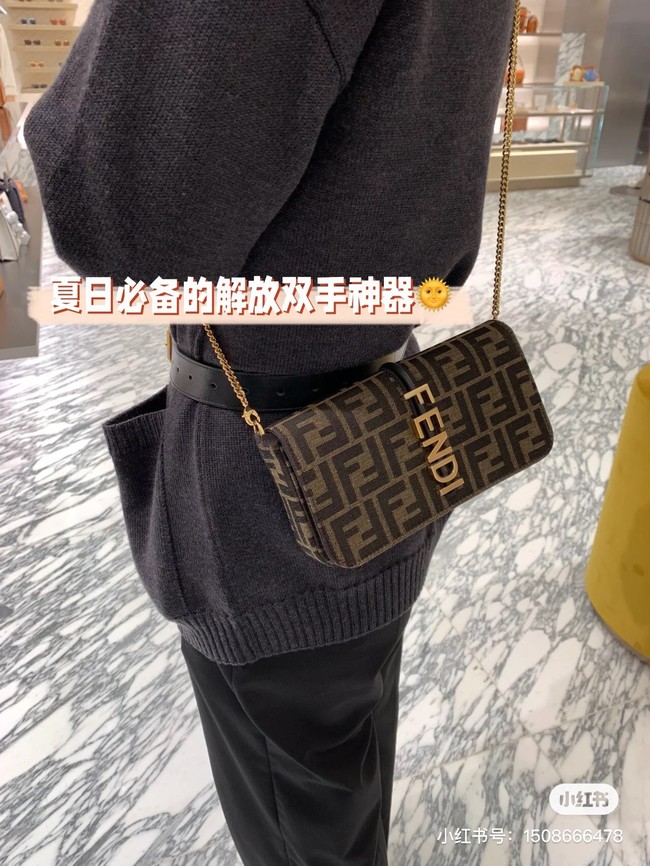 Fendi small FF jacquard fabric and leather bag F3670 Brown