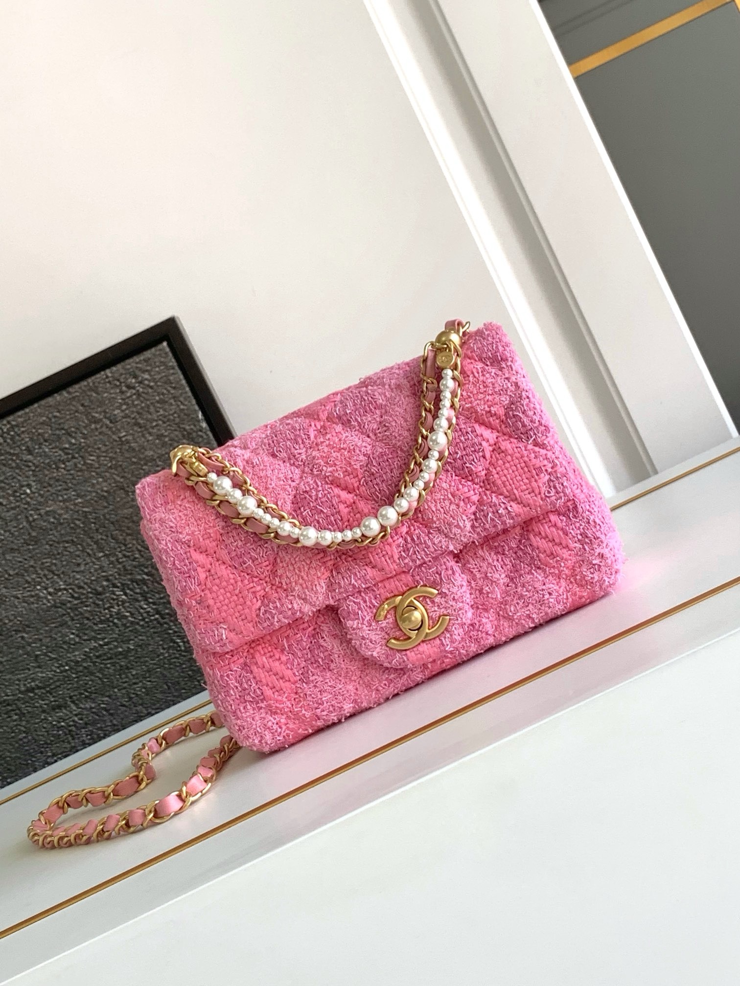 CHANEL MINI FLAP BAG Cotton Tweed AS4385 pink