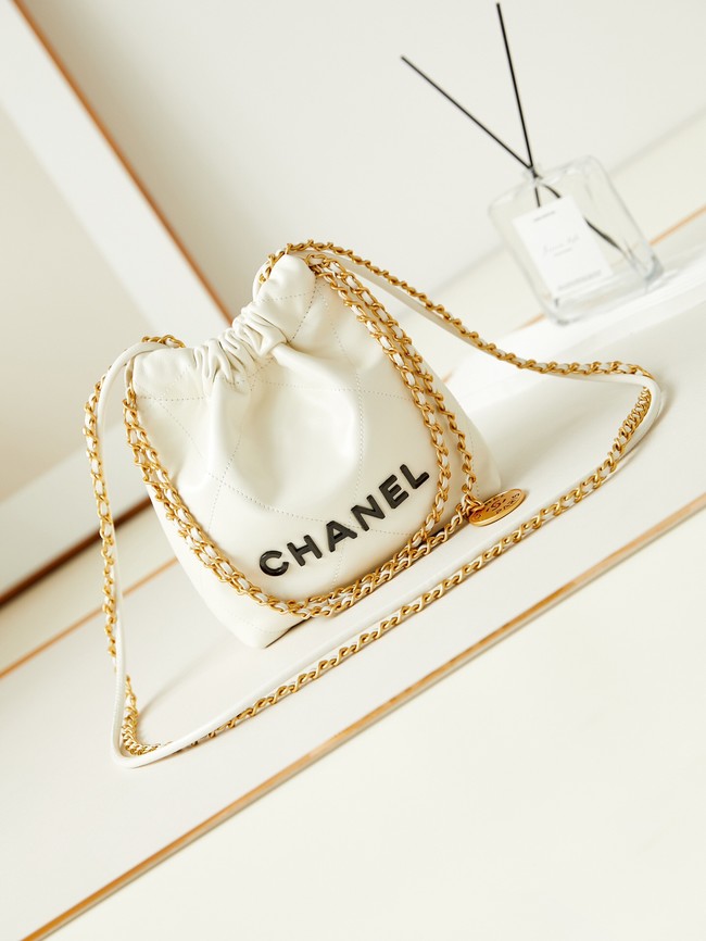 CHANEL 22 MINI HANDBAG AS3980 Shiny Calfskin &white