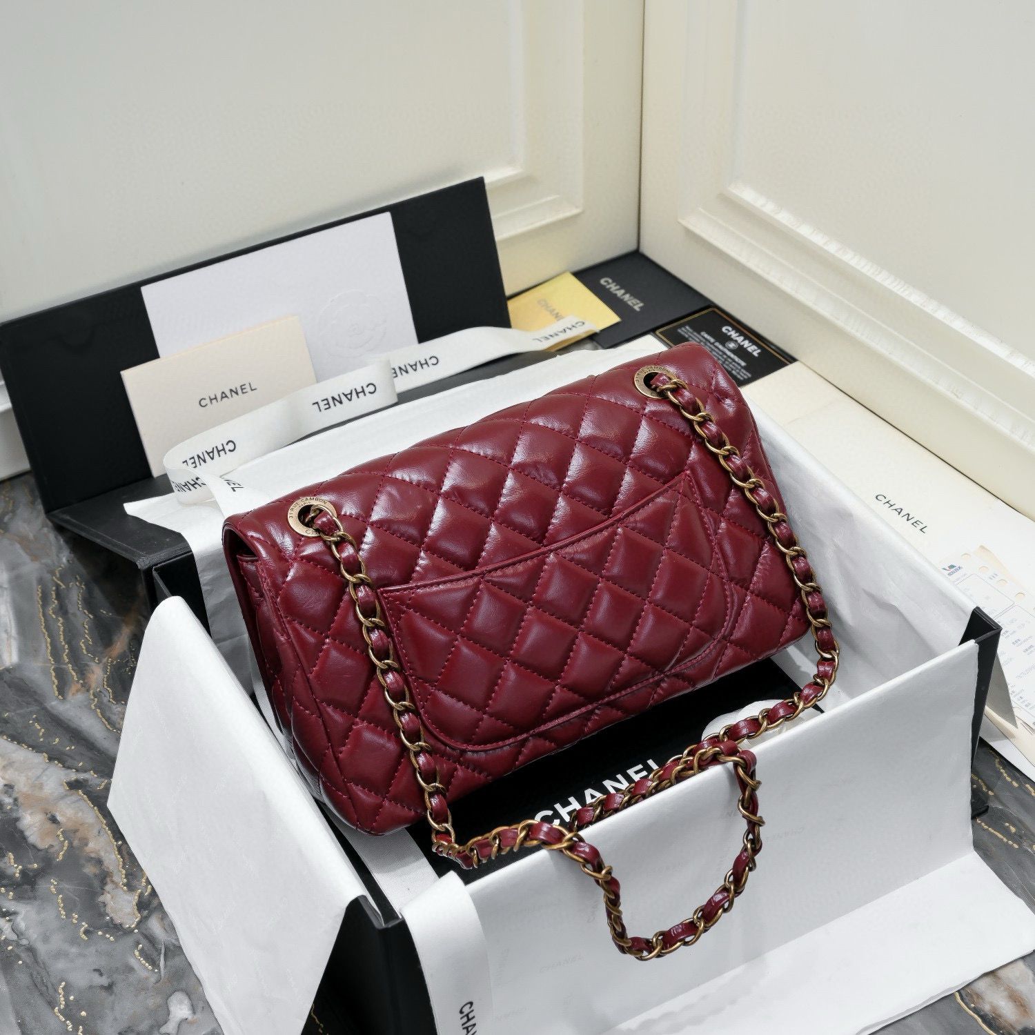 Chanel 2.55 Series Flap Bag Original Sheepskin Leather 92674 Wine Bronze-Tone