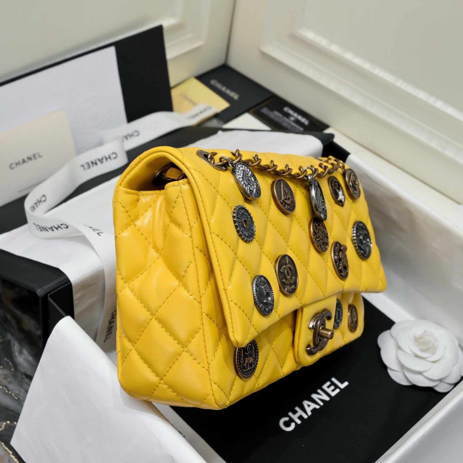 Chanel 2.55 Series Flap Bag Original Sheepskin Leather 92674 Yellow Bronze-Tone