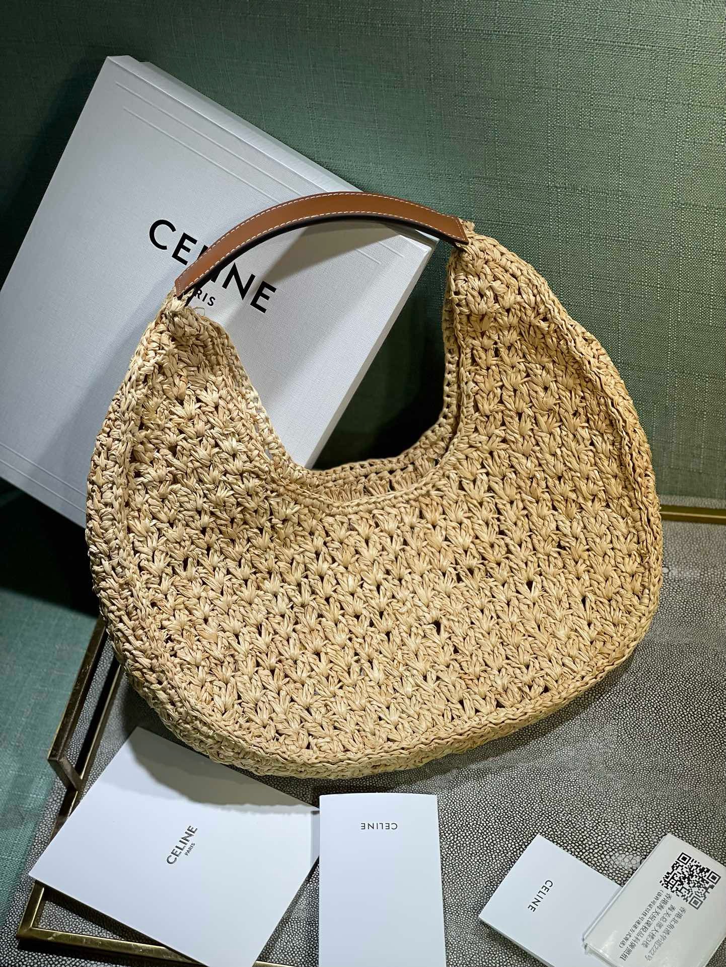 CELINE CLASSIC PANIER HOBO BAG IN RAFFIA AND CALFSKIN 112772 NATURAL & TAN