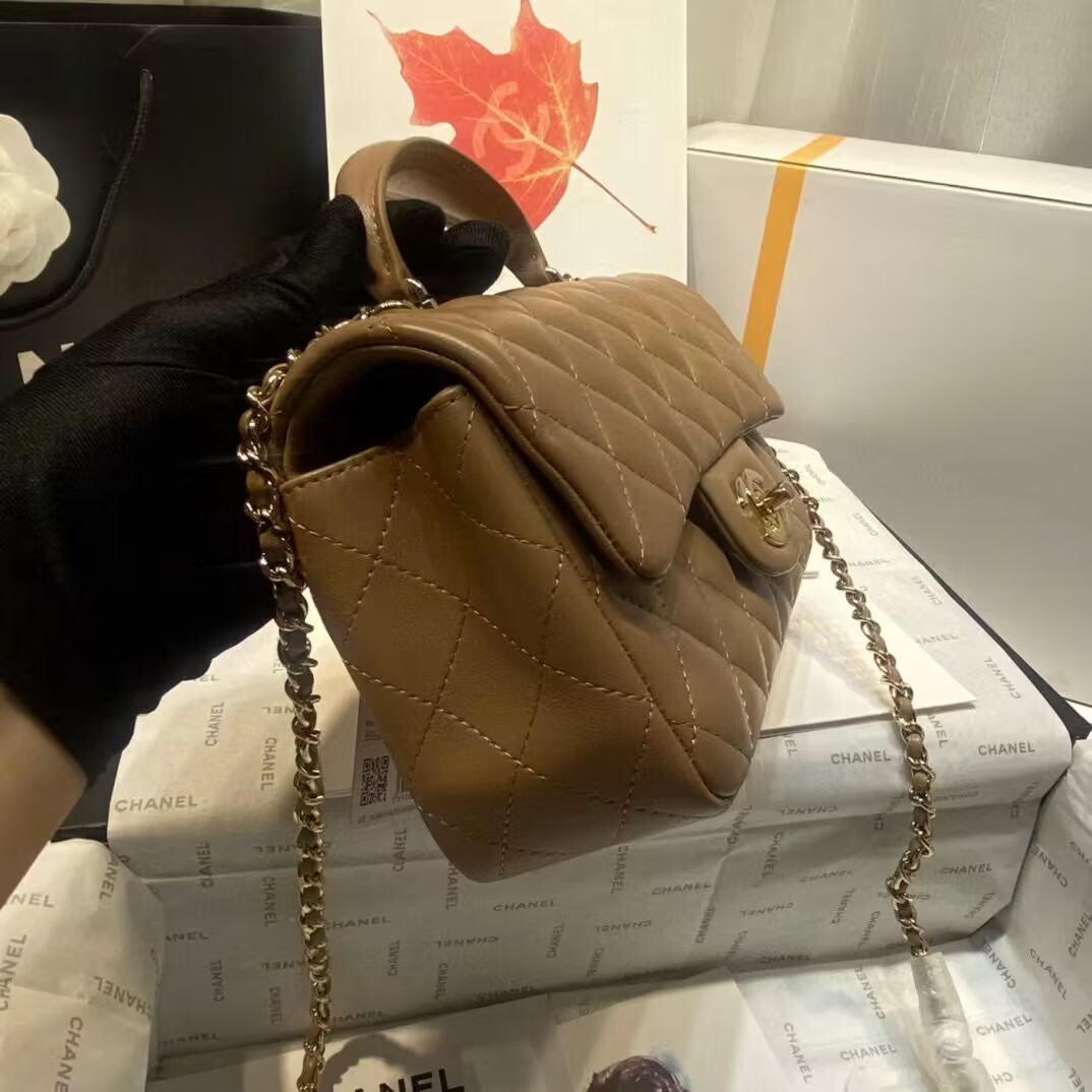Chanel CF Top Handle mini flap bag Sheepskin Leather AS2431 Brown