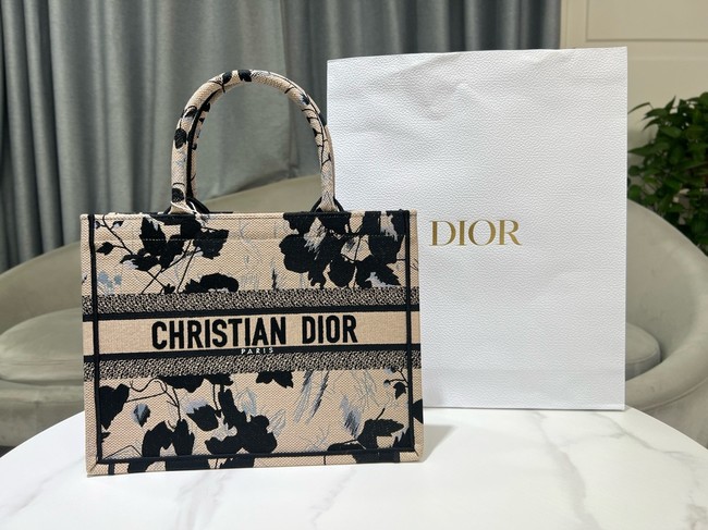 Medium Dior Book Tote Beige and Black Fleurs Mystiques Embroidery M1296ZE