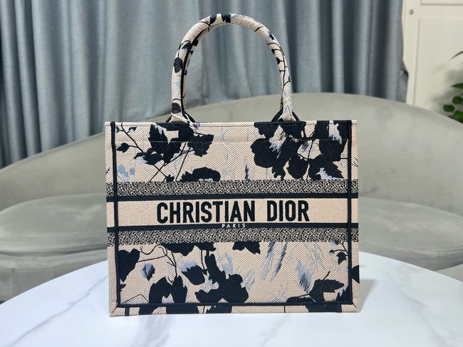 Medium Dior Book Tote Beige and Black Fleurs Mystiques Embroidery M1296ZE