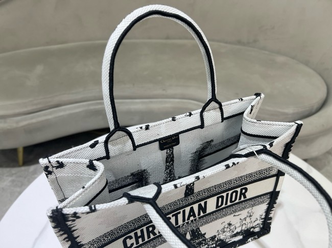 Medium Dior Book Tote White and Black Paris Embroidery M1296ZEG