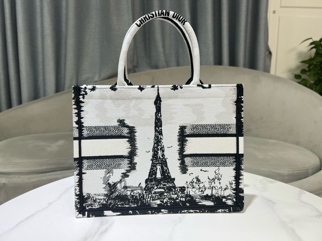 Medium Dior Book Tote White and Black Paris Embroidery M1296ZEG