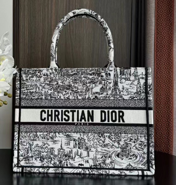 Medium Dior Book Tote White and Black Paris Allover Embroidery M1296ZEG