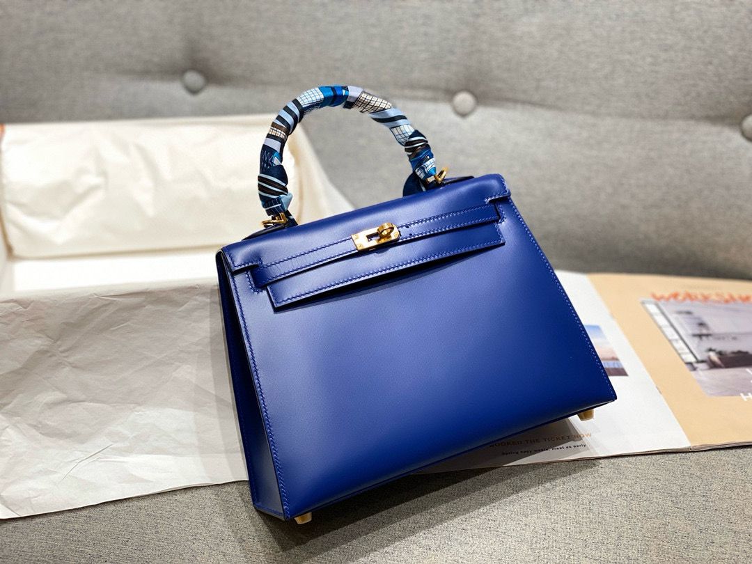 Hermes Kelly 28cm Shoulder Bags Smooth Box Leather KL28 Blue Gold-Tone