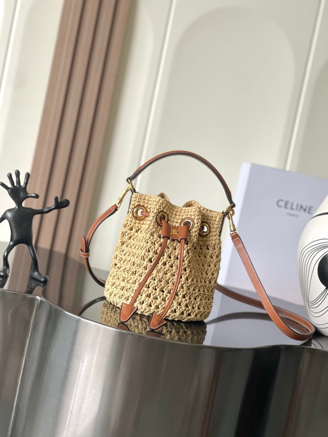 CELINE CABAS TRIANGLE IN RAFFIA AND CALFSKIN 121672 NATURAL / TAN
