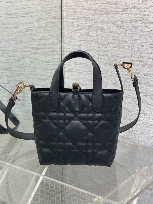 Small Dior Toujours Vertical Tote Bag Macrocannage Crinkled Calfskin M2835 black &gold