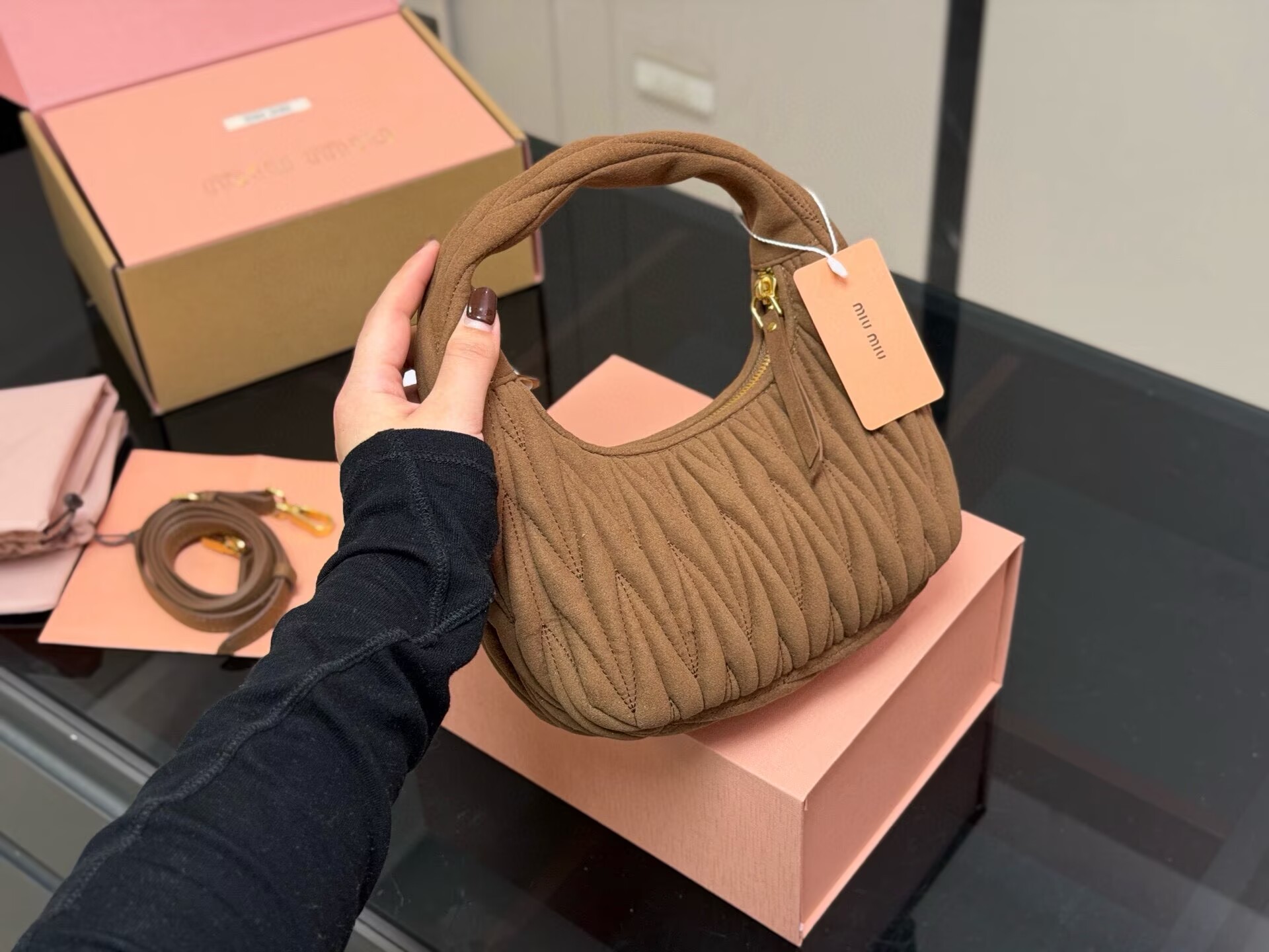 Miu Miu Women Wander Matelasse Suede Top Handle Bag MM63201 Dark Brown Miu Miu Women Wander Matelasse Suede Top Handle Bag MM63201 Dark Brown