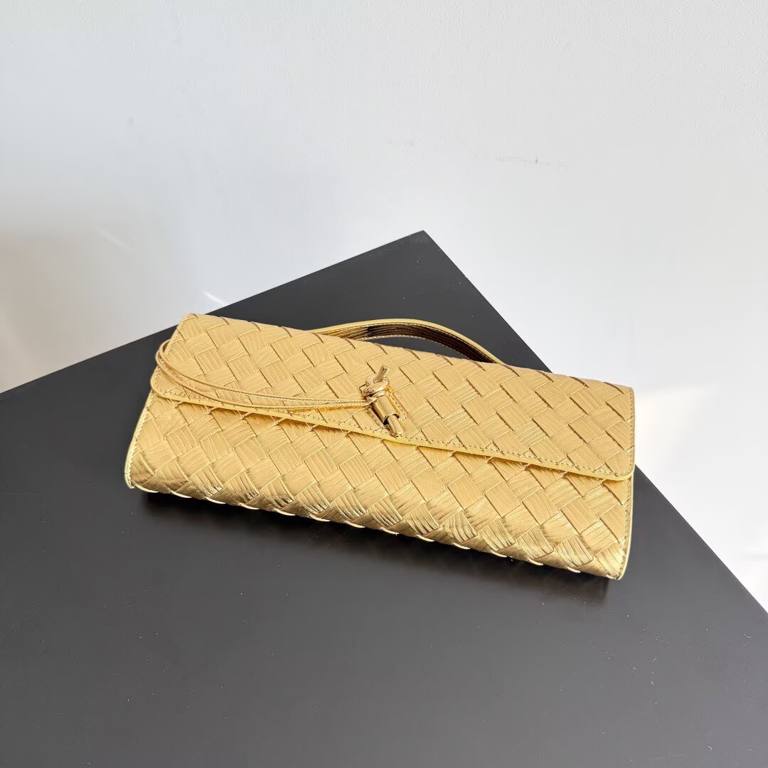 Bottega Veneta Original Twill Leather Long Clutch Andiamo Handle Bag 741511 Gold 