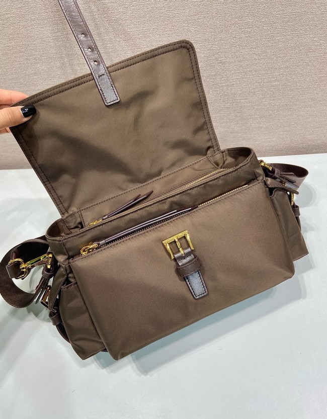 Prada Route medium leather tote bag Re-Nylon 1BD394 dark brown