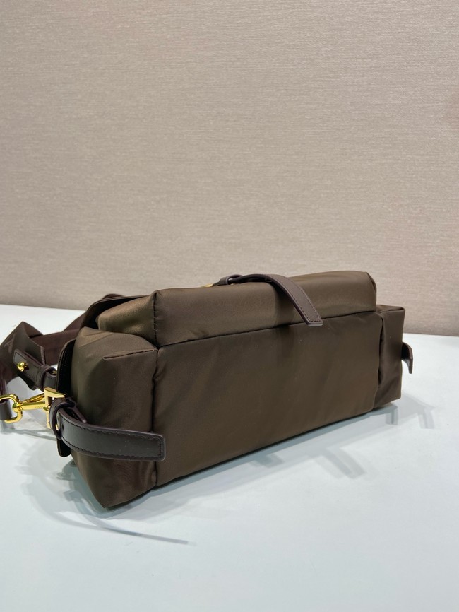 Prada Route medium leather tote bag Re-Nylon 1BD394 dark brown