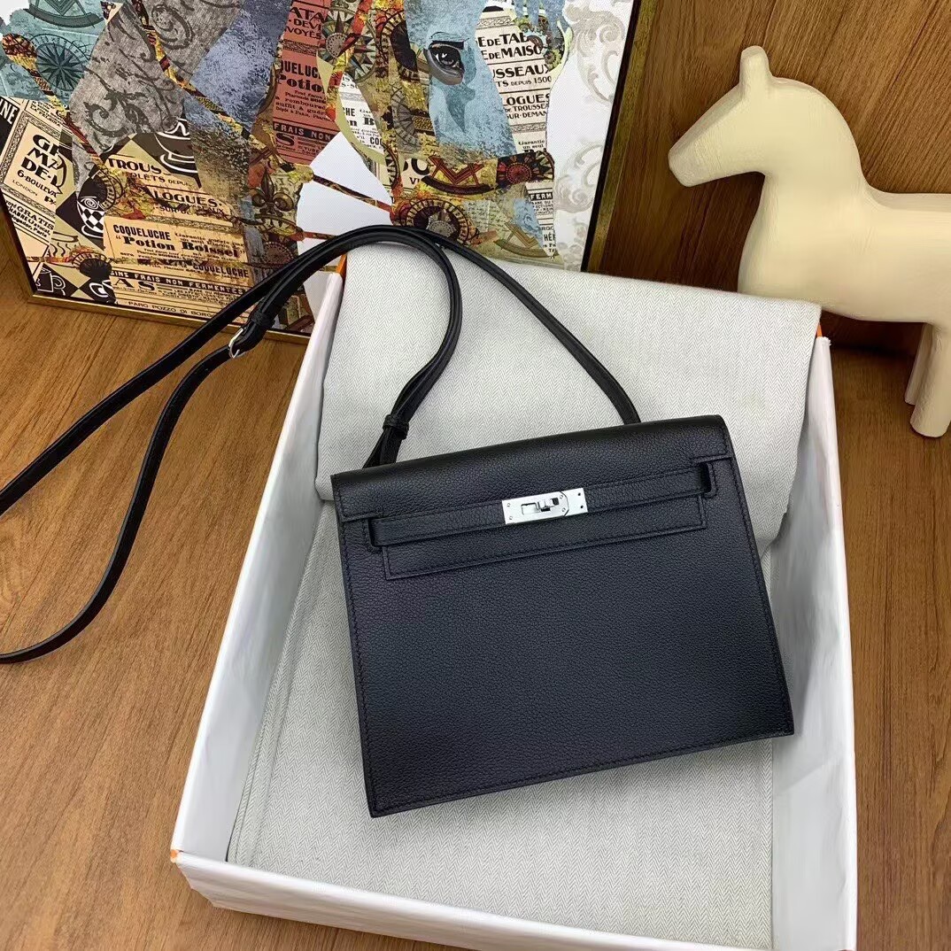 Hermes Kelly Danse Original Evercolor Leather 22CM KL22 Black Silver-Tone