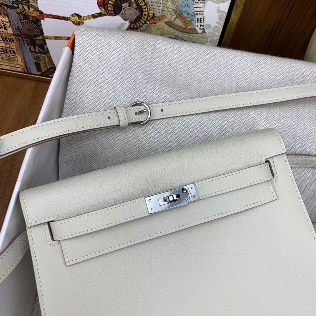 Hermes Kelly Danse Original Evercolor Leather 22CM KL22 Cream Silver-Tone