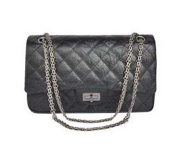 Chanel Classic Falp Bag Black Glazed Crackled Leather A28668 Black Silver