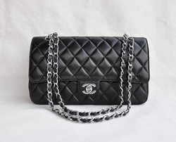 Chanel Classic 2.55 Series Black Lambskin Silver Chain Quilted Flap Bag 1113