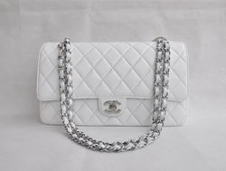 Chanel Classic 2.55 Series White Lambskin Silver Chain Quilted Flap Bag 1113