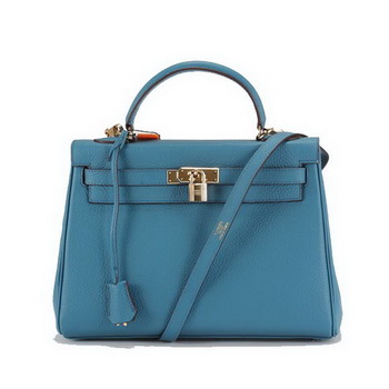 Hermes Kelly 32cm Togo Leather Handbags 6018 Blue Golden