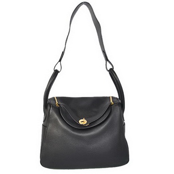 Hermes Lindy 30CM Havanne Handbags 1057 Black Leather Golden Hardware