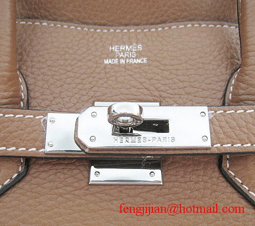 Hermes 35cm Embossed Veins Leather Bag Light Coffee 6089 Silver Hardware