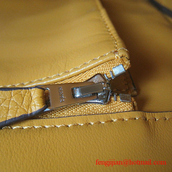 Hermes 35cm Embossed Veins Leather Bag Yellow 6089 Silver Hardware