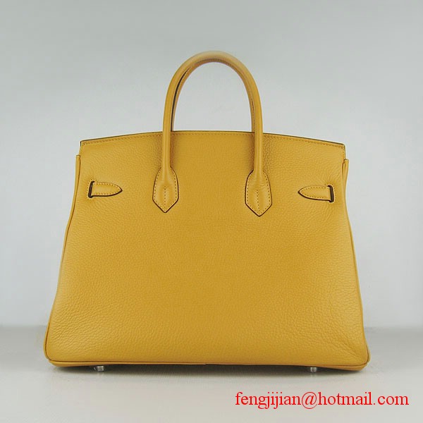 Hermes 35cm Embossed Veins Leather Bag Yellow 6089 Silver Hardware