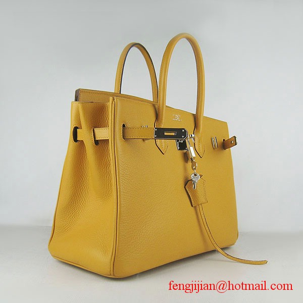 Hermes 35cm Embossed Veins Leather Bag Yellow 6089 Silver Hardware