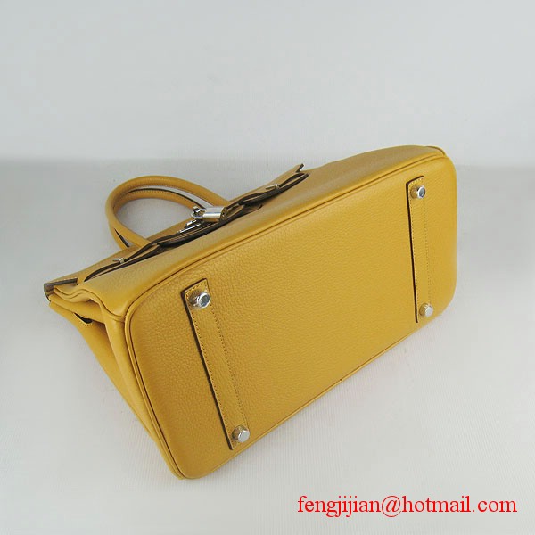 Hermes 35cm Embossed Veins Leather Bag Yellow 6089 Silver Hardware