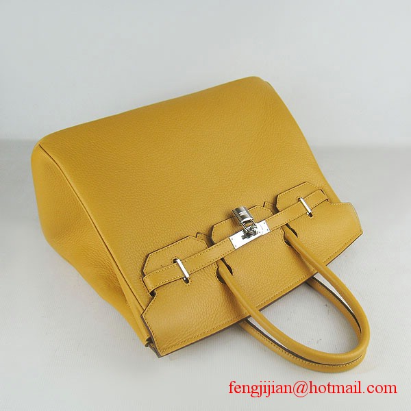 Hermes 35cm Embossed Veins Leather Bag Yellow 6089 Silver Hardware