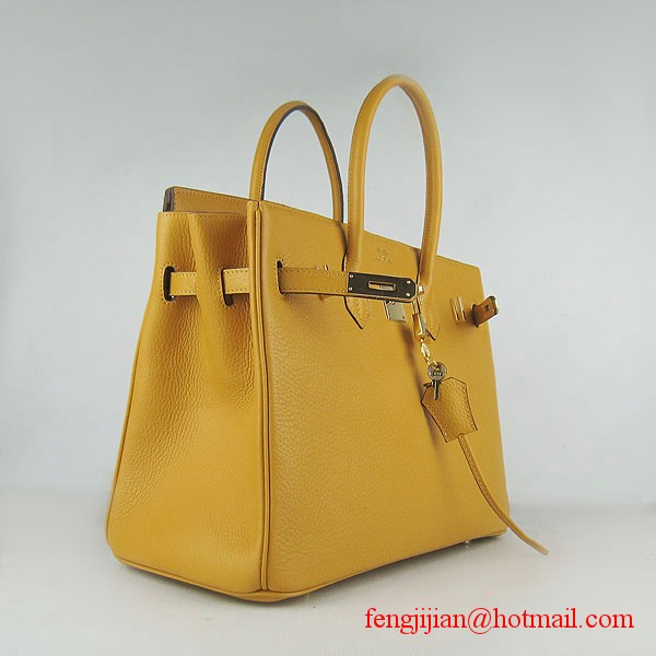 Hermes 35cm Embossed Veins Leather Bag Yellow 6089 Gold Hardware