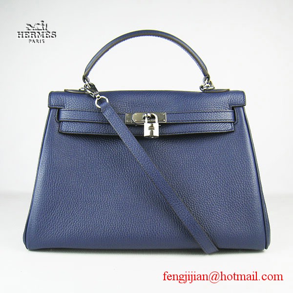 Hermes Kelly 32cm Togo Leather Bag Dark Blue 6108 Silver Hardware