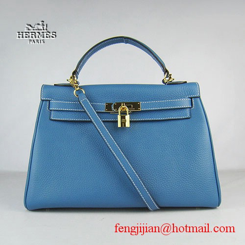 Hermes Kelly 32cm Togo Leather Bag Blue 6108 Gold Hardware